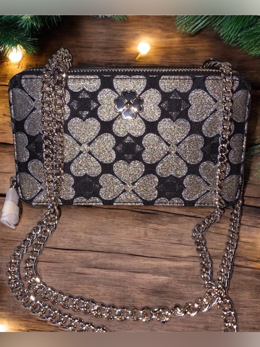 Kate Spade Odette Jacquard Metallic Gold & Black Clover Chain Crossbody Bag NWOT